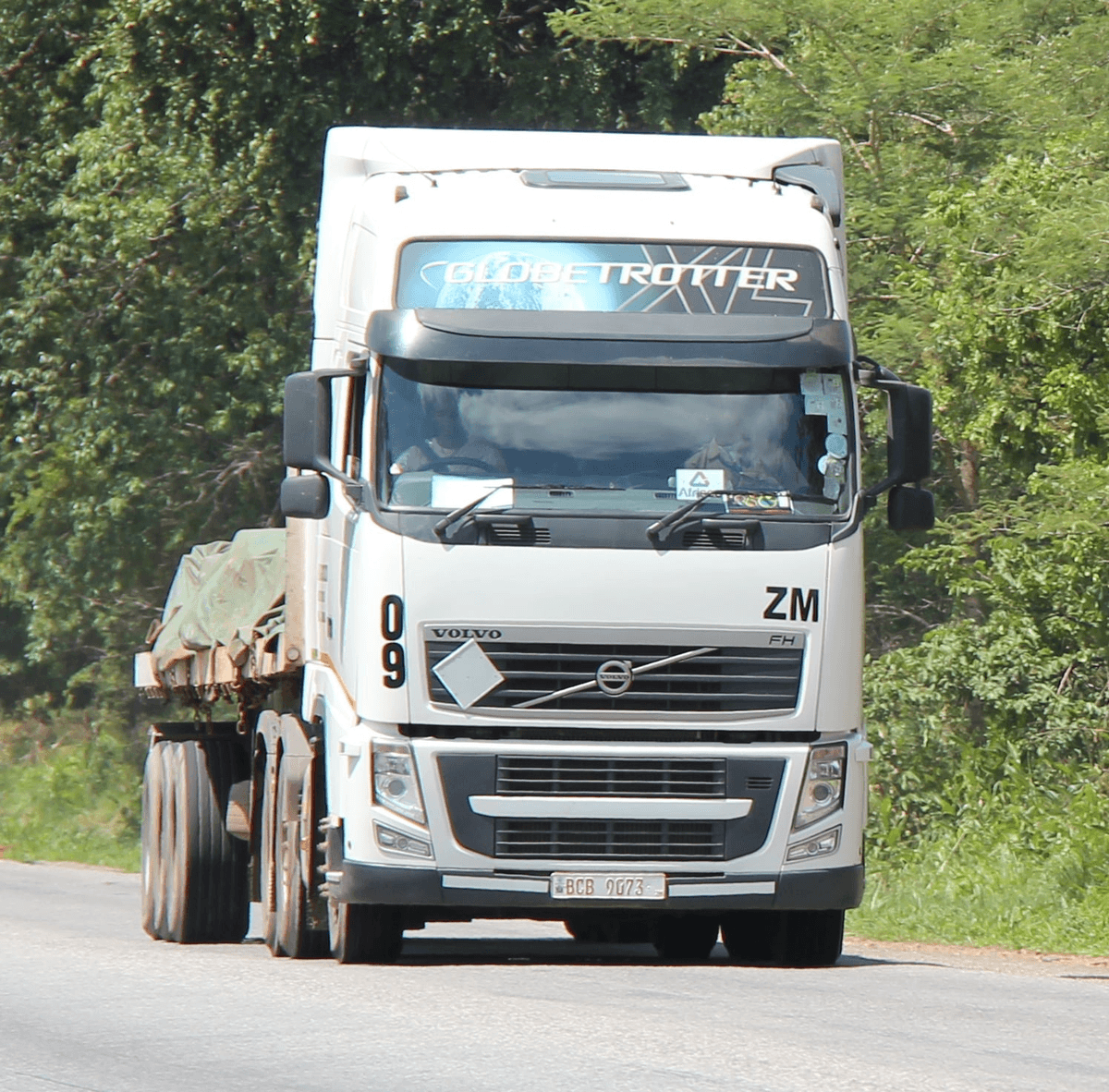 A JAAF truck travelling on a tree-lined road